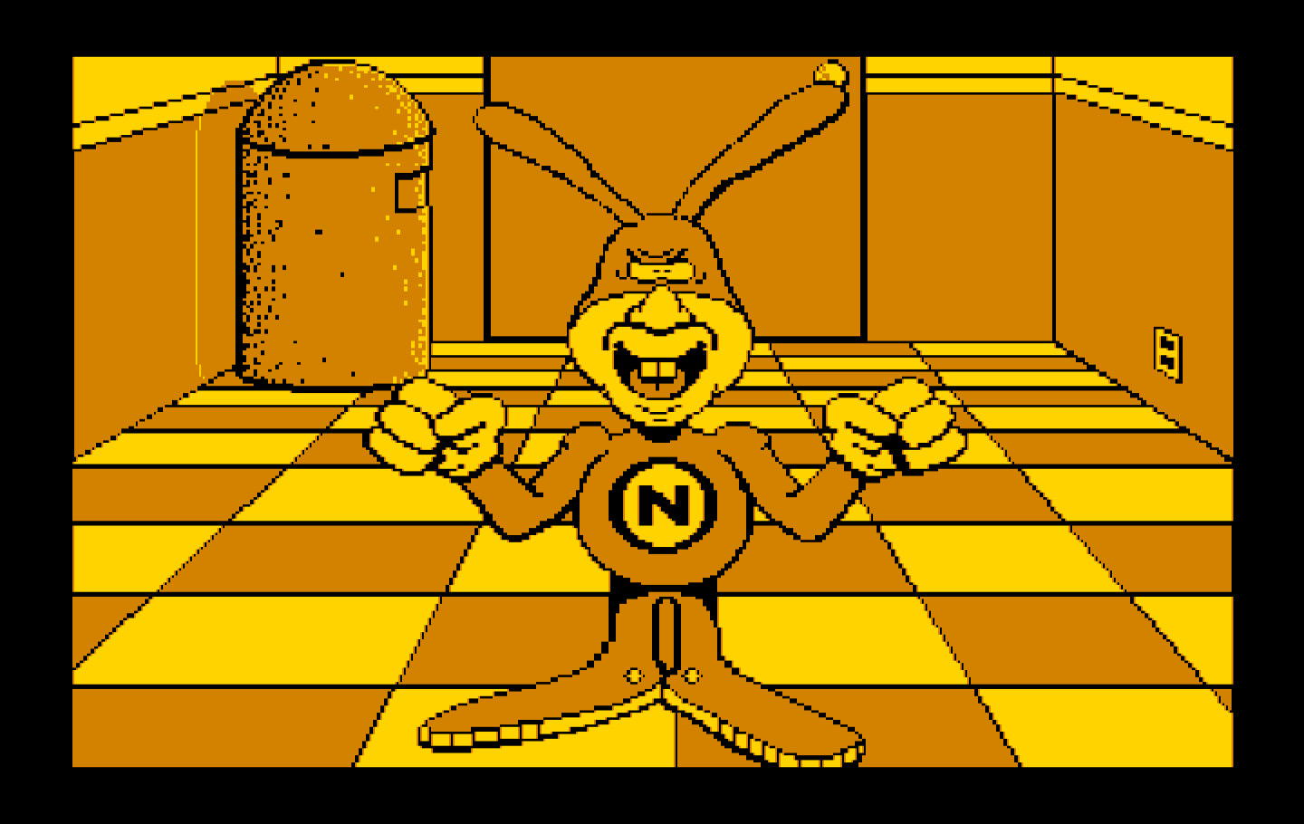 Avoid the Noid IBM PC/Compatibles Screenshot: The Noid laughs at you after smashing a pizza.