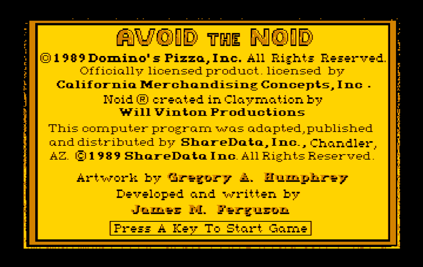 Avoid the Noid IBM PC/Compatibles Screenshot: Credits.