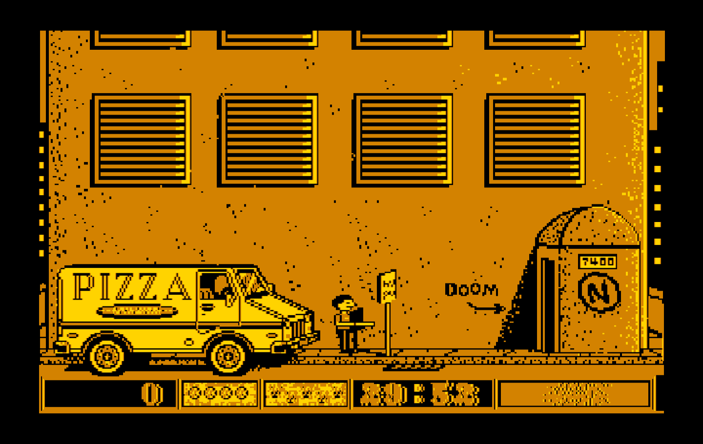 Avoid the Noid IBM PC/Compatibles Screenshot: Outside the building, ready to deliver some pizza.