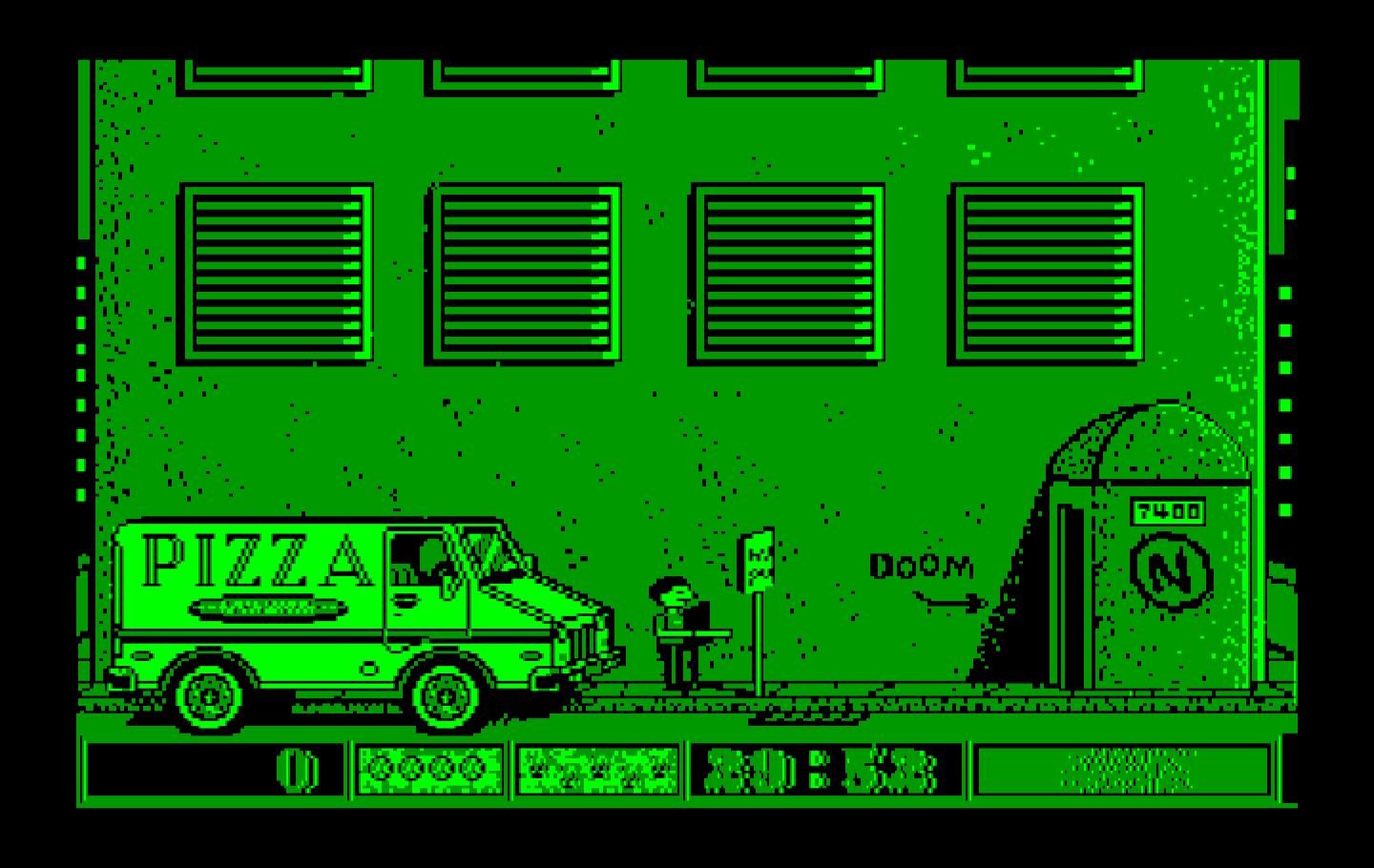 Avoid the Noid IBM PC/Compatibles Screenshot: Outside the building, ready to deliver some pizza.