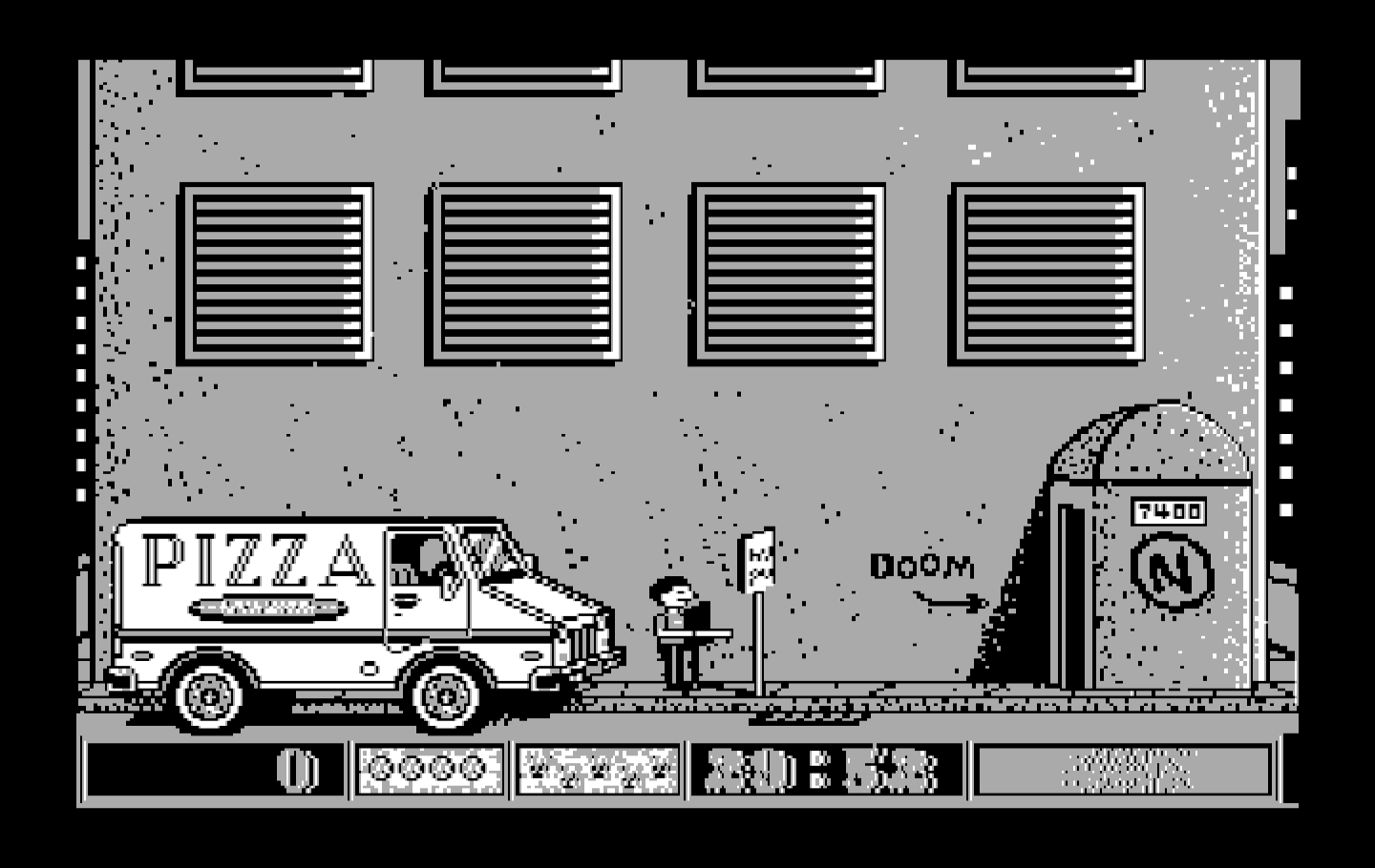 Avoid the Noid IBM PC/Compatibles Screenshot: Outside the building, ready to deliver some pizza.