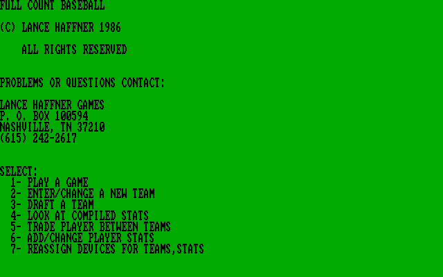 Full Count Baseball IBM PC/Compatibles Screenshot: Title screen and main menu.