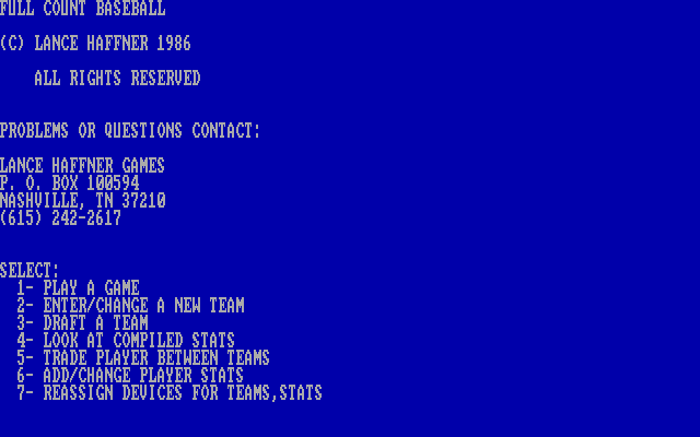 Full Count Baseball IBM PC/Compatibles Screenshot: The white on blue color scheme.