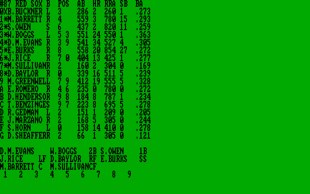 Full Count Baseball IBM PC/Compatibles Screenshot: Creating my teams lineup.