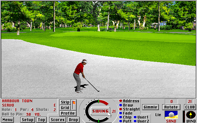 Links 386 Pro IBM PC/Compatibles Screenshot: Hitting out of the sand.