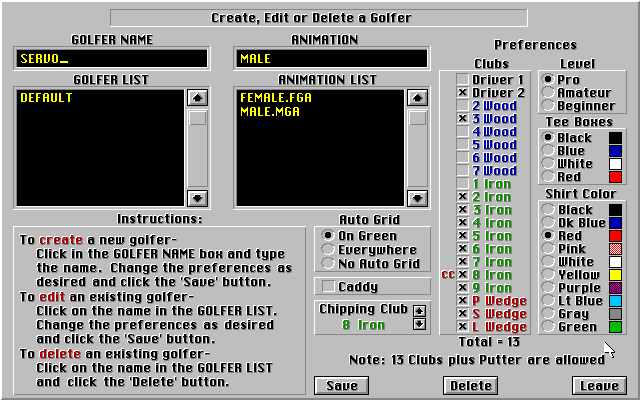 Links 386 Pro IBM PC/Compatibles Screenshot: Setting up a golfer.