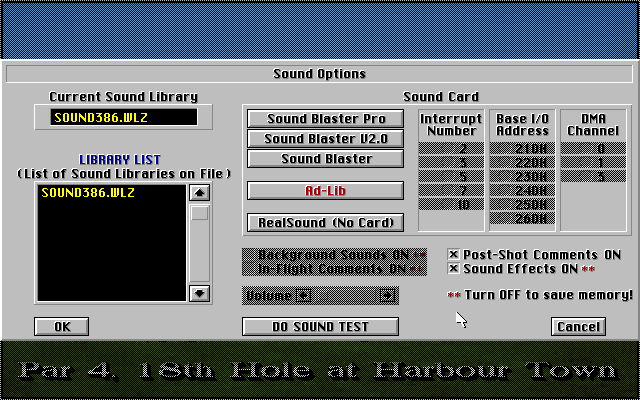 Links 386 Pro IBM PC/Compatibles Screenshot: Sound setup menu.