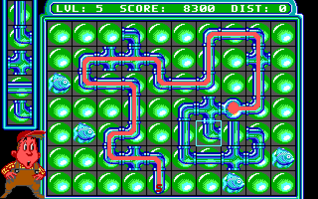 Pipe Dream IBM PC/Compatibles Screenshot: Those pipe pieces already on the board will slow down the flooz by taking some time to fill up.