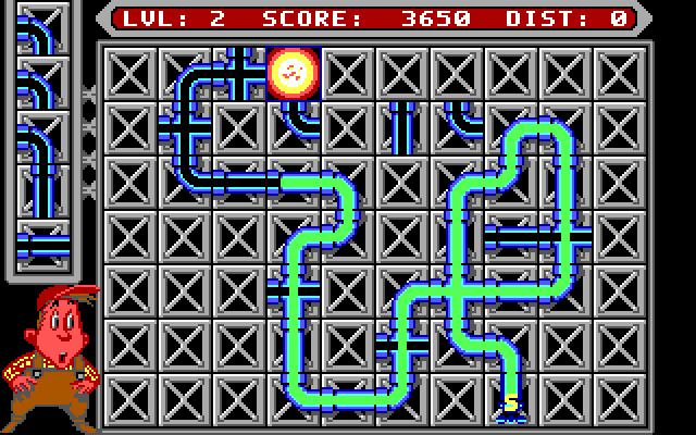 Pipe Dream IBM PC/Compatibles Screenshot: Pipe pieces explode if you place one on an occupied spot.