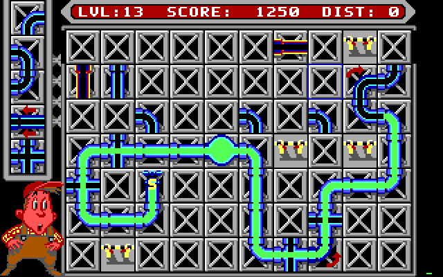 Pipe Dream IBM PC/Compatibles Screenshot: One way pipes and other obstacles start to appear...
