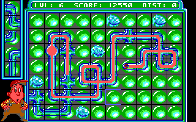 Pipe Dream IBM PC/Compatibles Screenshot: Fish block the path; they can't be moved or destroyed.