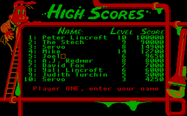 Pipe Dream IBM PC/Compatibles Screenshot: High scores.