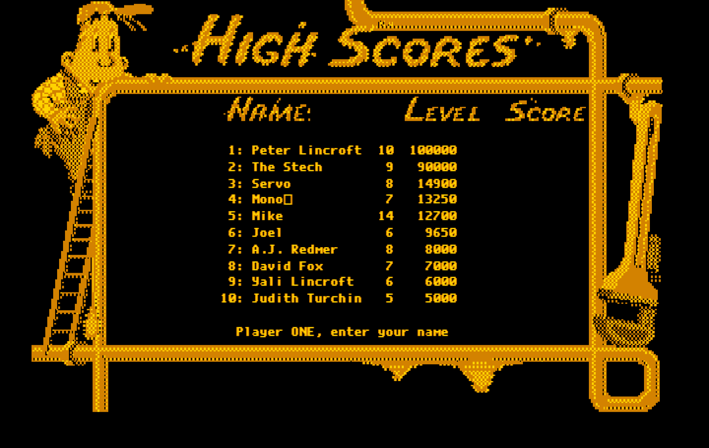Pipe Dream IBM PC/Compatibles Screenshot: High scores.