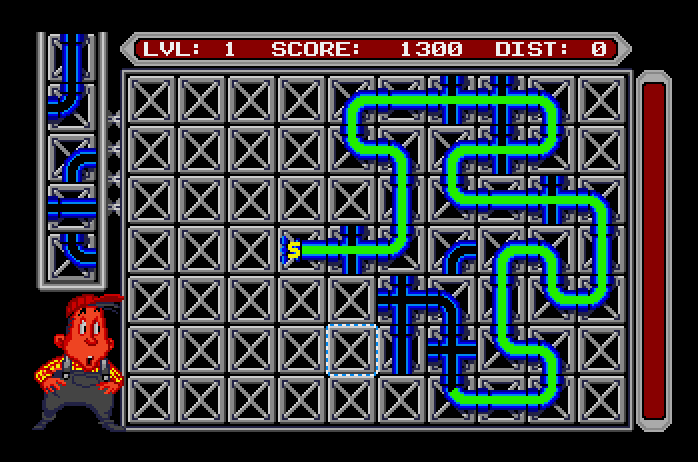 Pipe Dream Apple IIgs Screenshot: The remaining distance is now 0; so this level is completed!