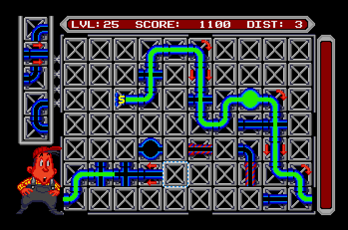 Pipe Dream Apple IIgs Screenshot: When there's a gap in the wall you can have the pipes wrap from one side of the screen to the other.