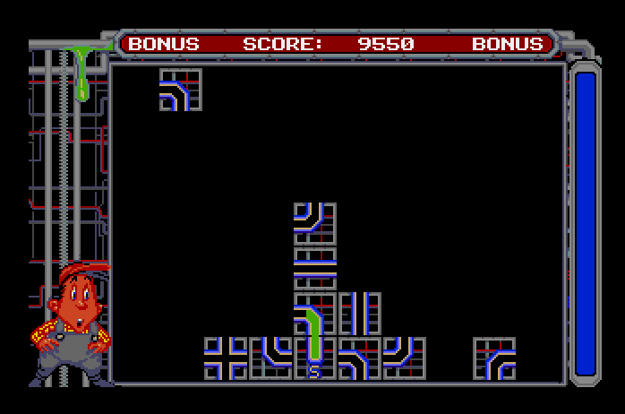 Pipe Dream Apple IIgs Screenshot: Bonus round; drop boxes into place to form a path.