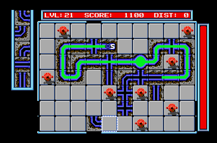 Pipe Dream Apple IIgs Screenshot: Additional obstacles are added as the game progresses...