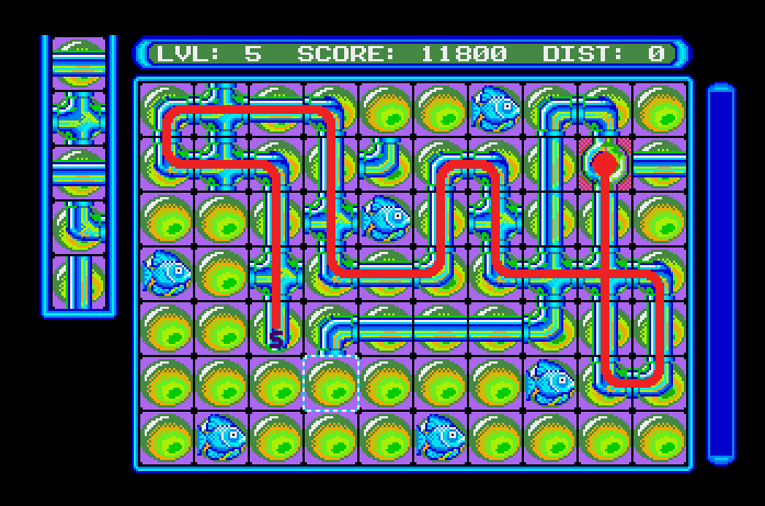 Pipe Dream Apple IIgs Screenshot: Some of the pipe pieces slow down the flooz as it fills extra space...