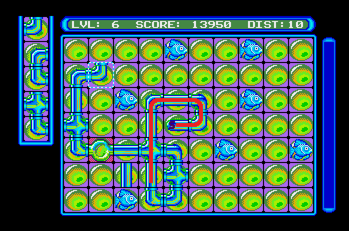 Pipe Dream Apple IIgs Screenshot: The fish form obstacles; you can't build pipes in those spaces...