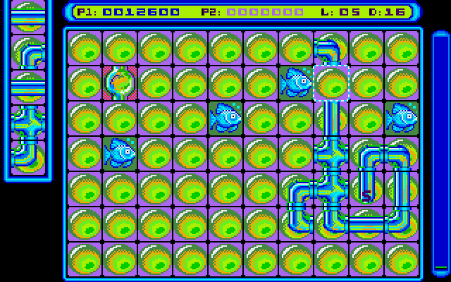 Pipe Dream Amiga Screenshot: Each round begins with a short delay before the flooz starts flowing...
