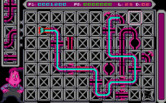 Pipe Dream Amiga Screenshot: More odd pipes and other obstacles appear...