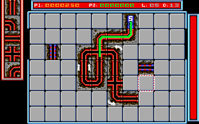 Pipe Dream Amiga Screenshot: Watch out for one way pipes and other obstacles...