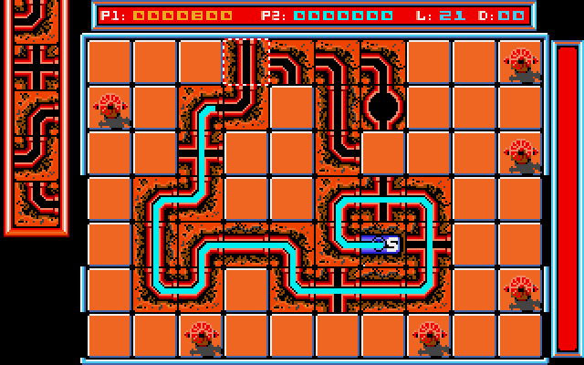 Pipe Dream Amiga Screenshot: Rapidly building; but the distance is now 0, so the level is at least completed!