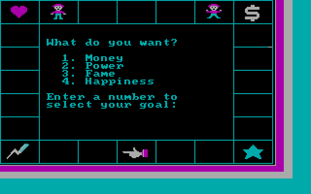 Fame & Fortune IBM PC/Compatibles Screenshot: What is your goal?