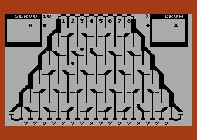 Switchbox Atari 8-bit Screenshot: The balls fall down and flip the switches.