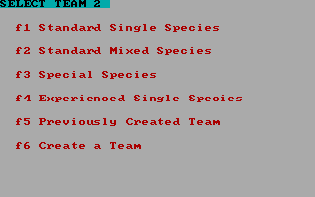 Galactic Gladiators IBM PC/Compatibles Screenshot: When setting up teams there are several different options to choose from.