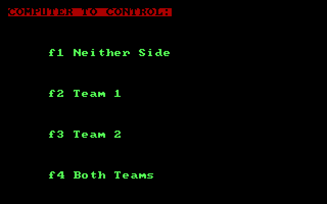 Galactic Gladiators IBM PC/Compatibles Screenshot: Which team should the computer control?