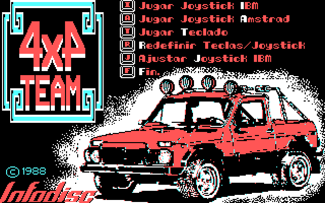 4x4 Team IBM PC/Compatibles Screenshot: Title screen and main menu.