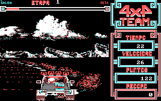 4x4 Team IBM PC/Compatibles Screenshot: A sharp turn, don't drive off of the road accidentally!
