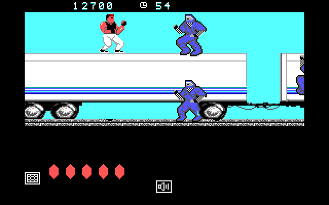 Bad Dudes vs. Dragon Ninja IBM PC/Compatibles Screenshot: Escaping on top of a truck.