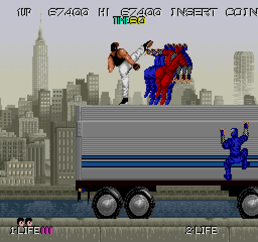 Bad Dudes vs. Dragon Ninja Arcade Screenshot: On to the second level...on top of a moving truck!