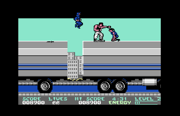 Bad Dudes vs. Dragon Ninja Commodore 64 Screenshot: Fighting on top of a moving truck.