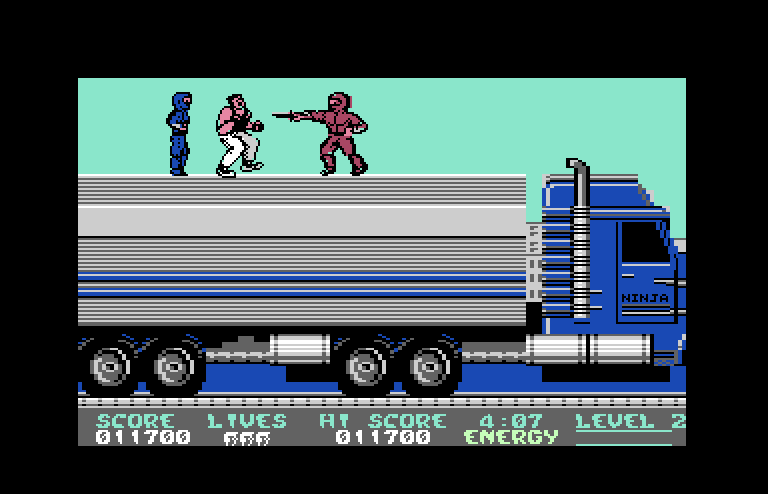 Bad Dudes vs. Dragon Ninja Commodore 64 Screenshot: Doesn't seem fair, this guy has a knife!