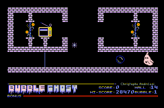 Bubble Ghost Apple IIgs Screenshot: The ghost turns pink then red as you blow to move the bubbles.