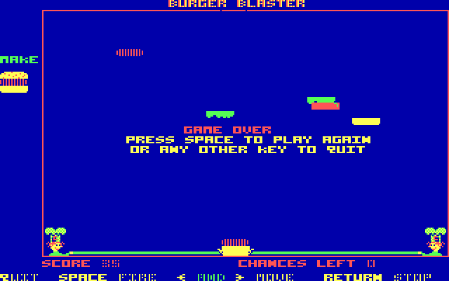 Burger Blaster IBM PC/Compatibles Screenshot: Game over.