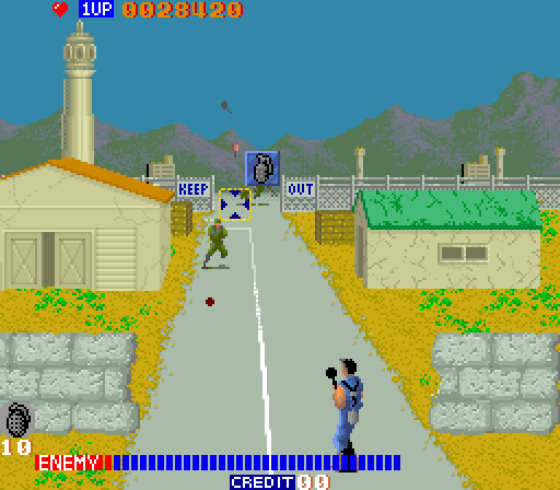 Cabal Arcade Screenshot: Blasting enemies in an area clearly marked Keep Out!