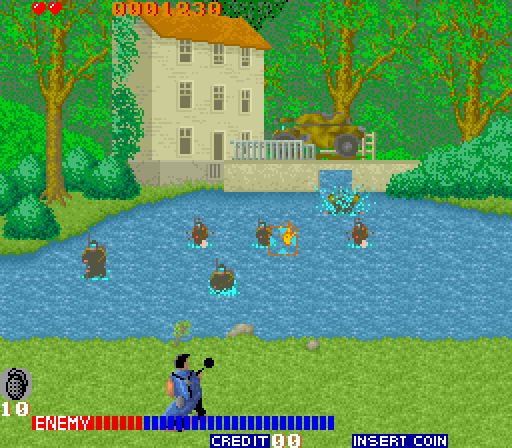 Cabal Arcade Screenshot: Fighters pop up from underwater, be carefull!