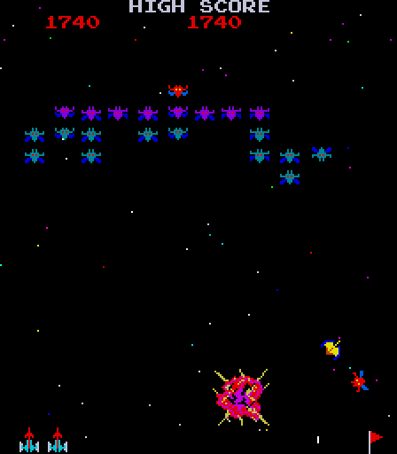 Galaxian Arcade Screenshot: Crash! I've been hit!