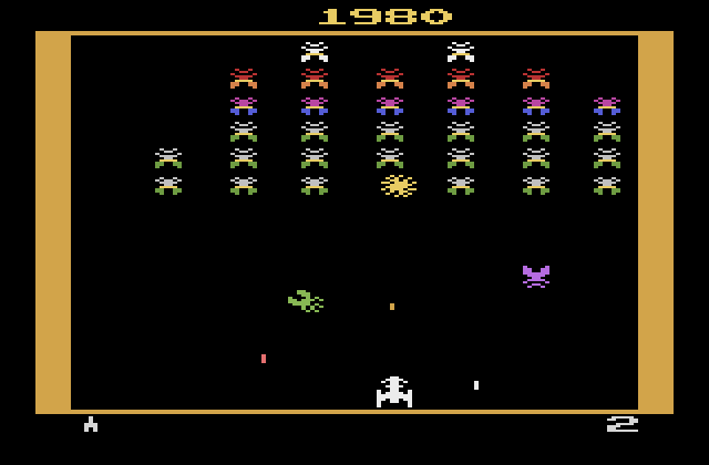 Galaxian Atari 2600 Screenshot: Next round; one opponent hit, more to go!