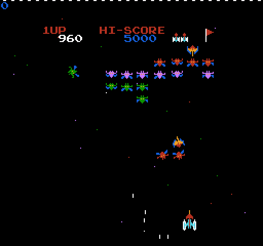 Galaxian NES / Famicom Screenshot: The Galaxian leaders are escorted by two fighters when they attack...