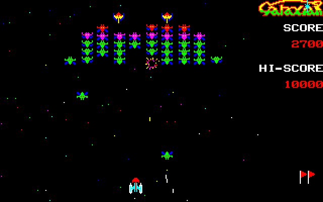 Galaxian Sharp X1 Screenshot: Avoid the dive bombing aliens, if you crash both of you are destroyed!