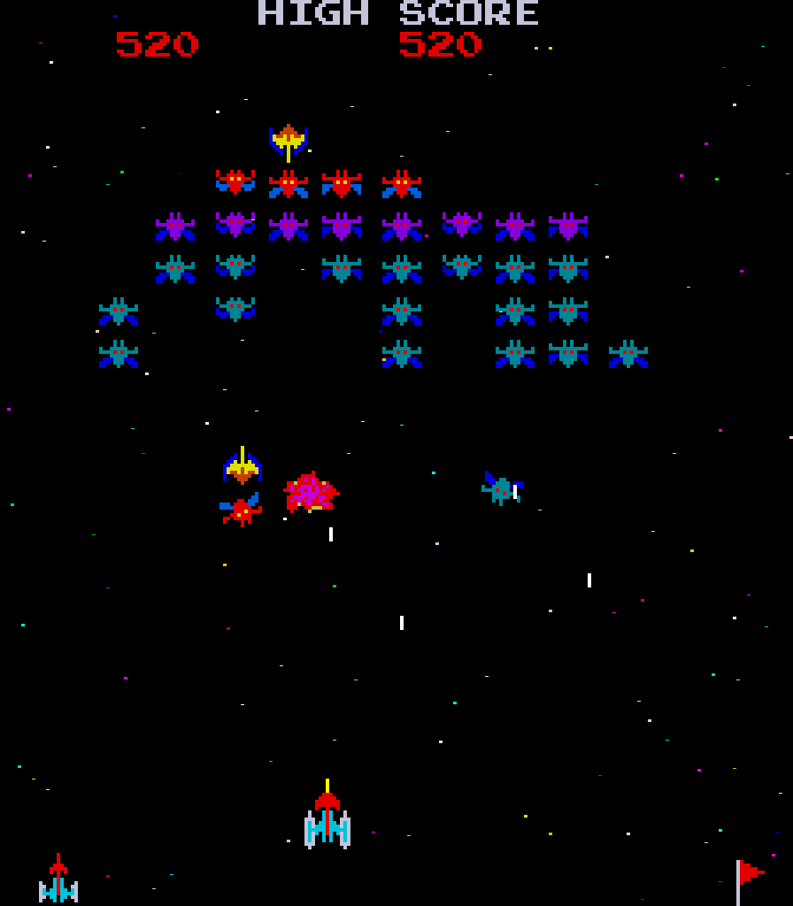 Galaxian Arcade Screenshot: One Galaxian destroyed, more to go...