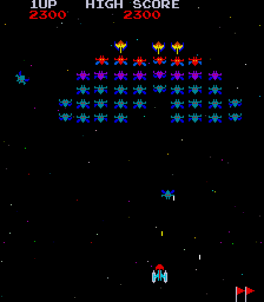 Galaxian Arcade Screenshot: Starting the second wave.