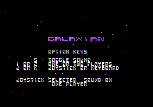 Galaxian Apple II Screenshot: The main menu.