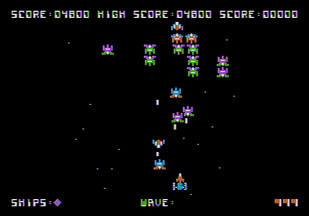 Galaxian Apple II Screenshot: Be careful when aliens fly towards you!