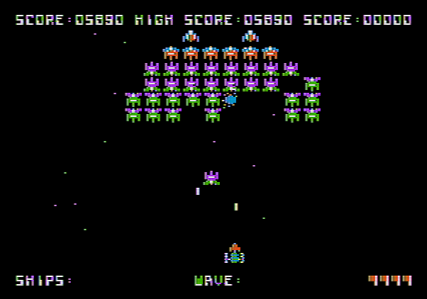 Galaxian Apple II Screenshot: Battle on the fourth wave!